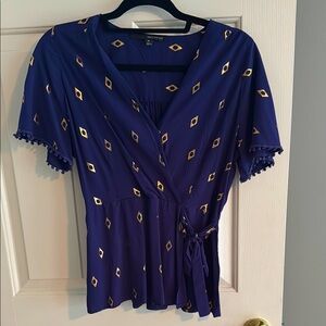 Harve Benard Blue Wrap Blouse with Tie Front